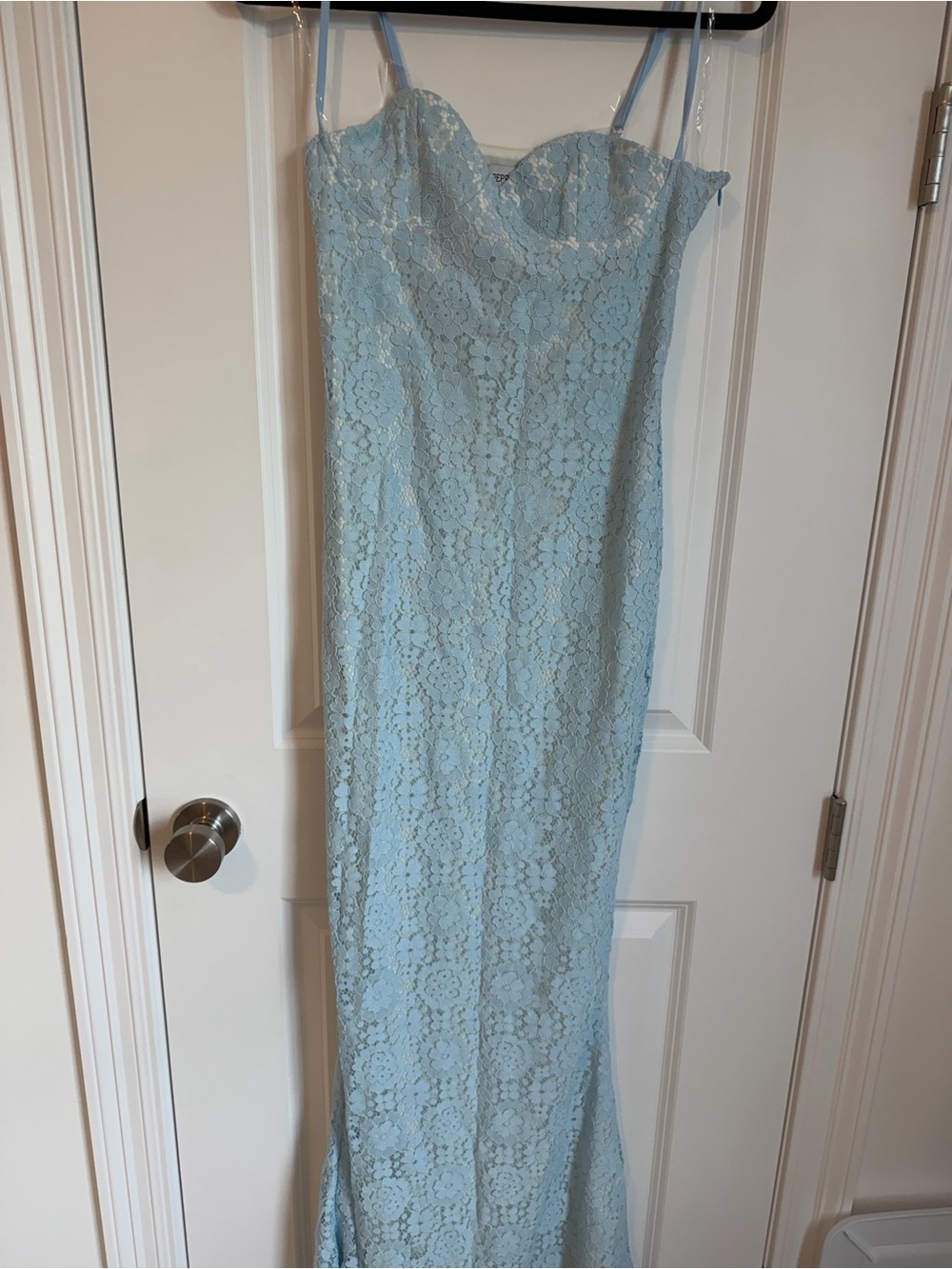 Peppermayo Powder Blue Lace Maxi Dress with Spaghetti Straps